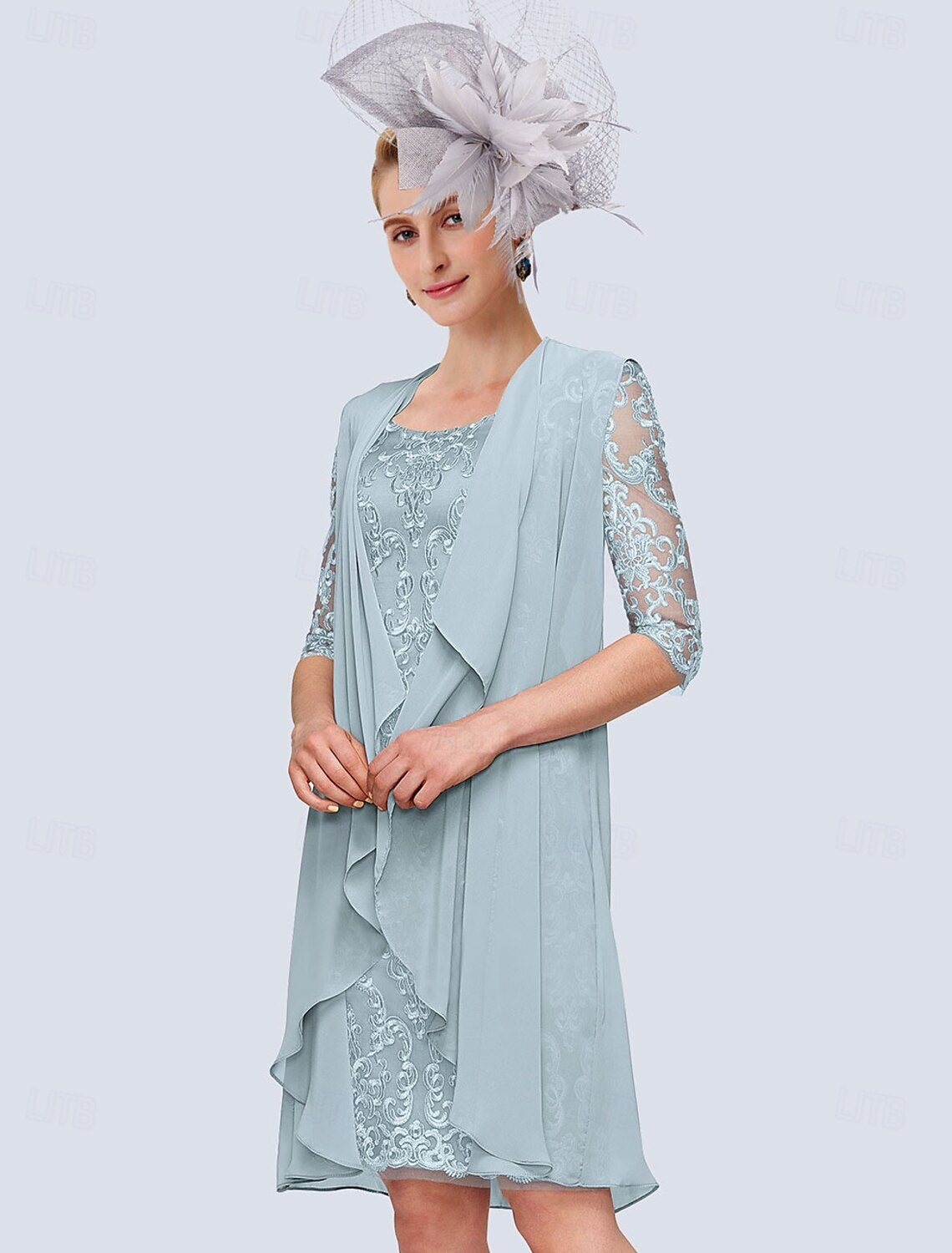 Buyishang Two Piece Sheath Mother of the Bride Dress Elegant Jewel Neck Knee Length Chiffon Lace Half Sleeve Wrap Included Jacket Dresses with Lace free custom size
